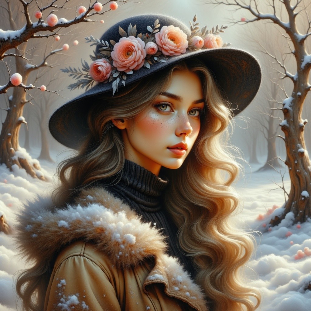 Young woman in snowy landscape with winter attire