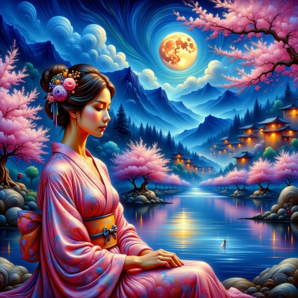 Serene woman in kimono by tranquil river and cherry trees