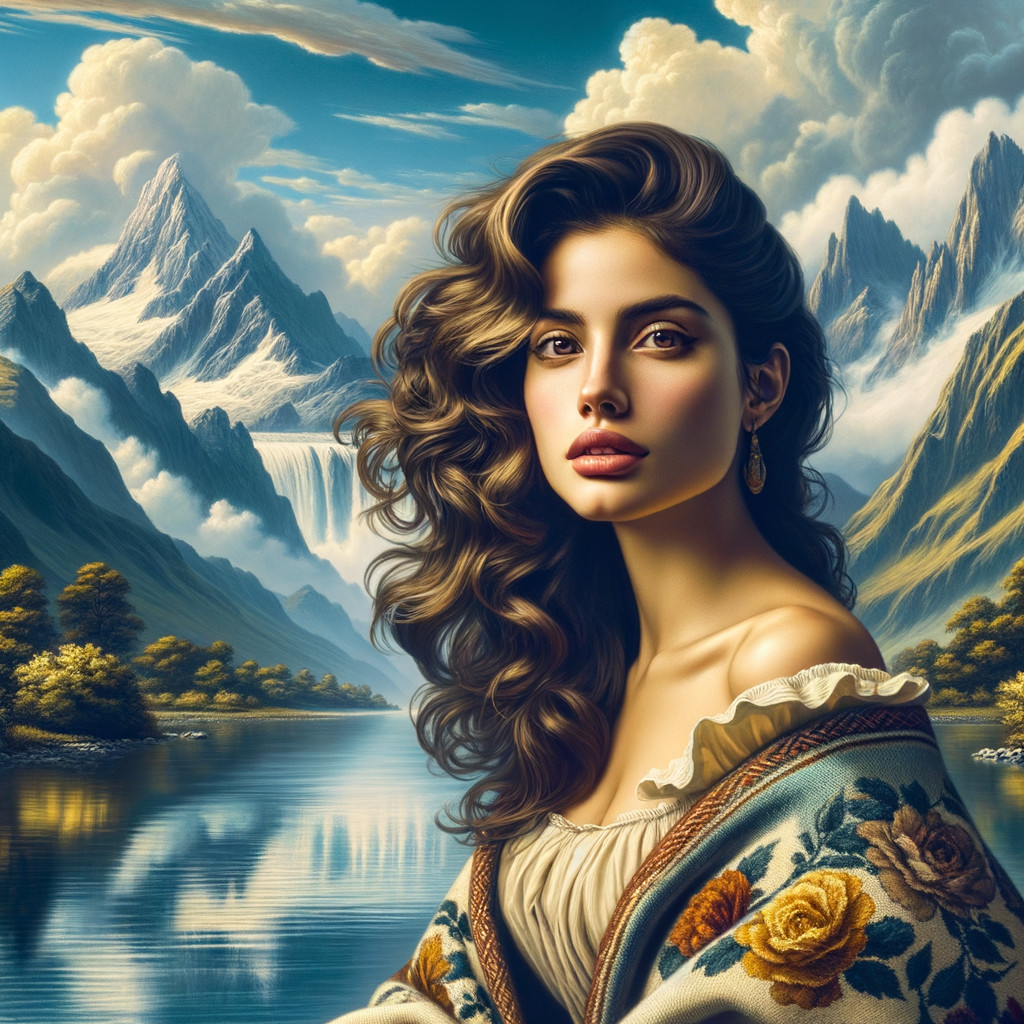 Portrait of a woman with flowing hair and embroidered shawl