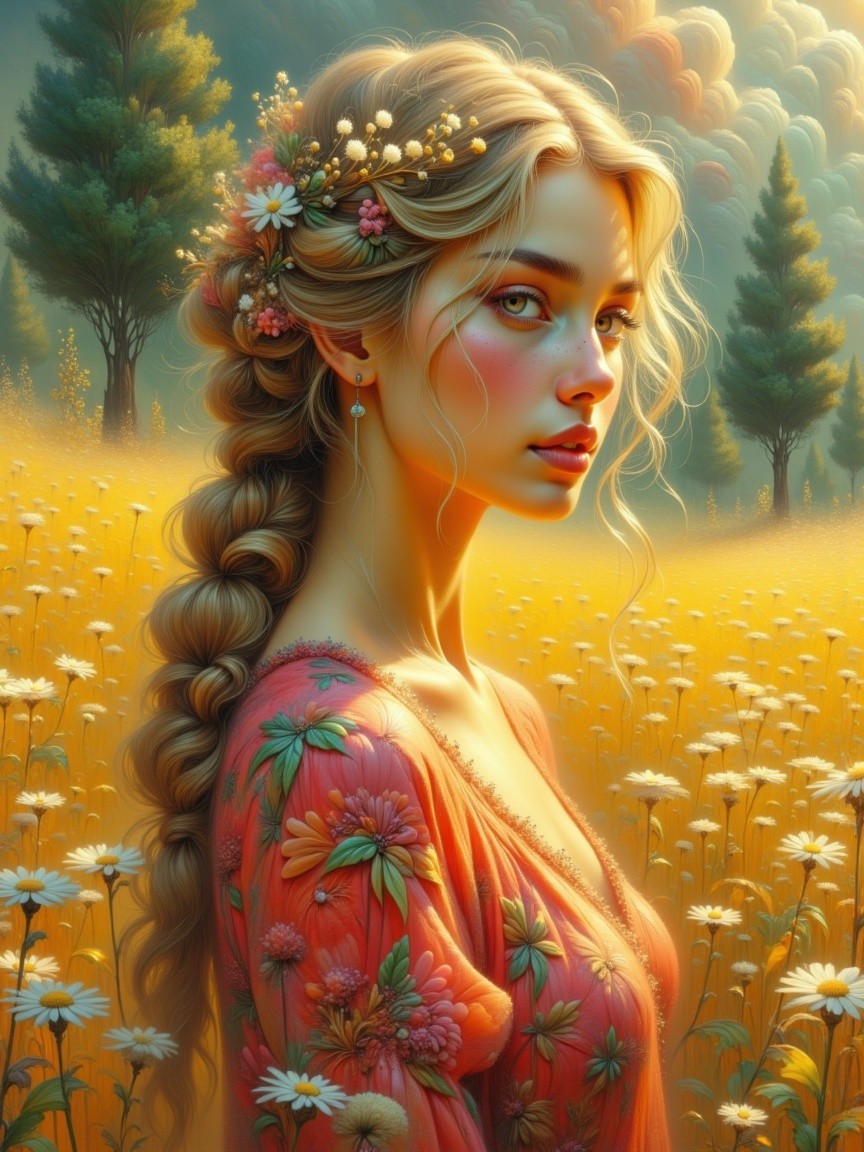 Young Woman in Floral Dress in Golden Field