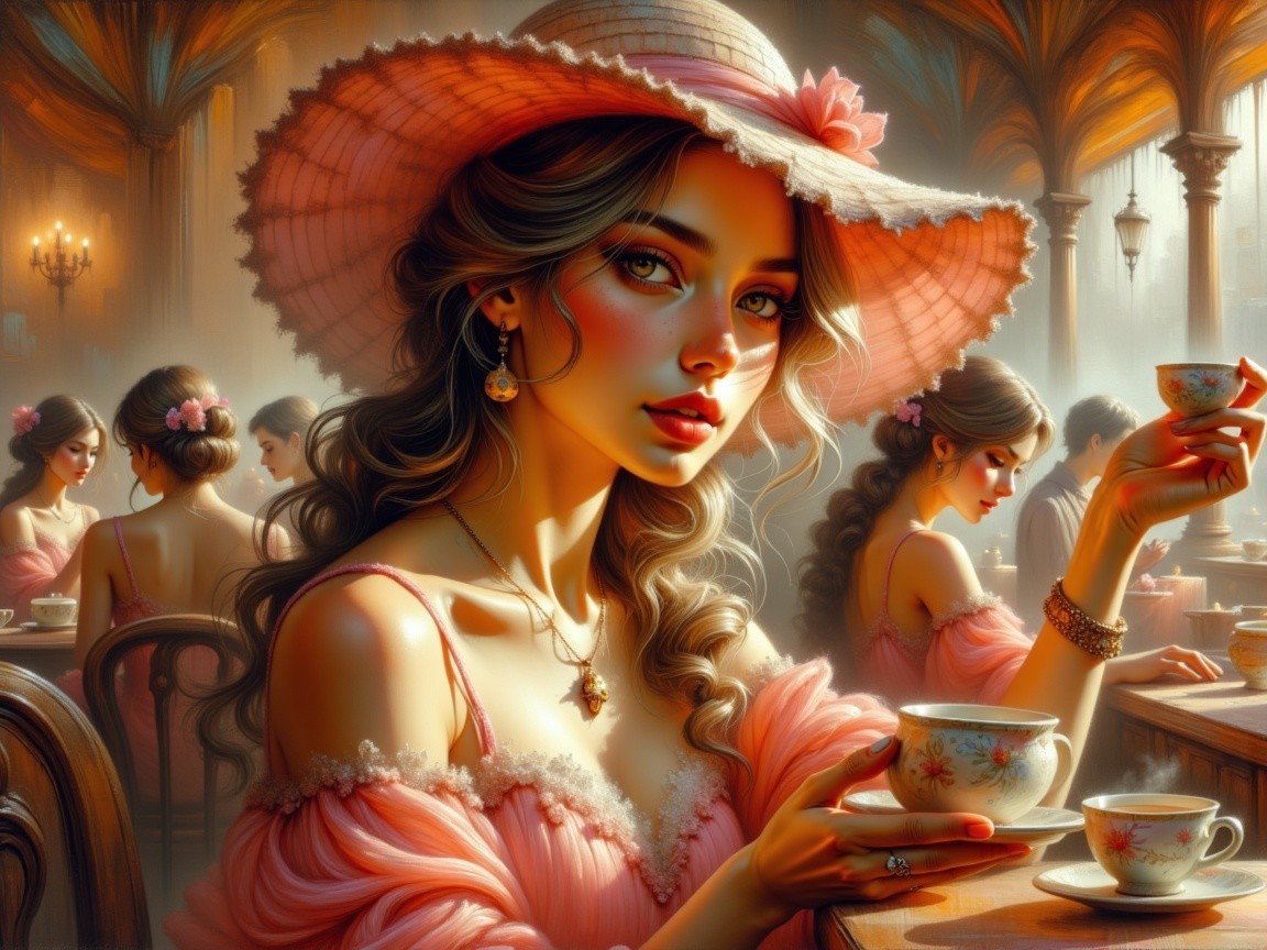 Young Woman in Pink Dress at Elegant Café Setting