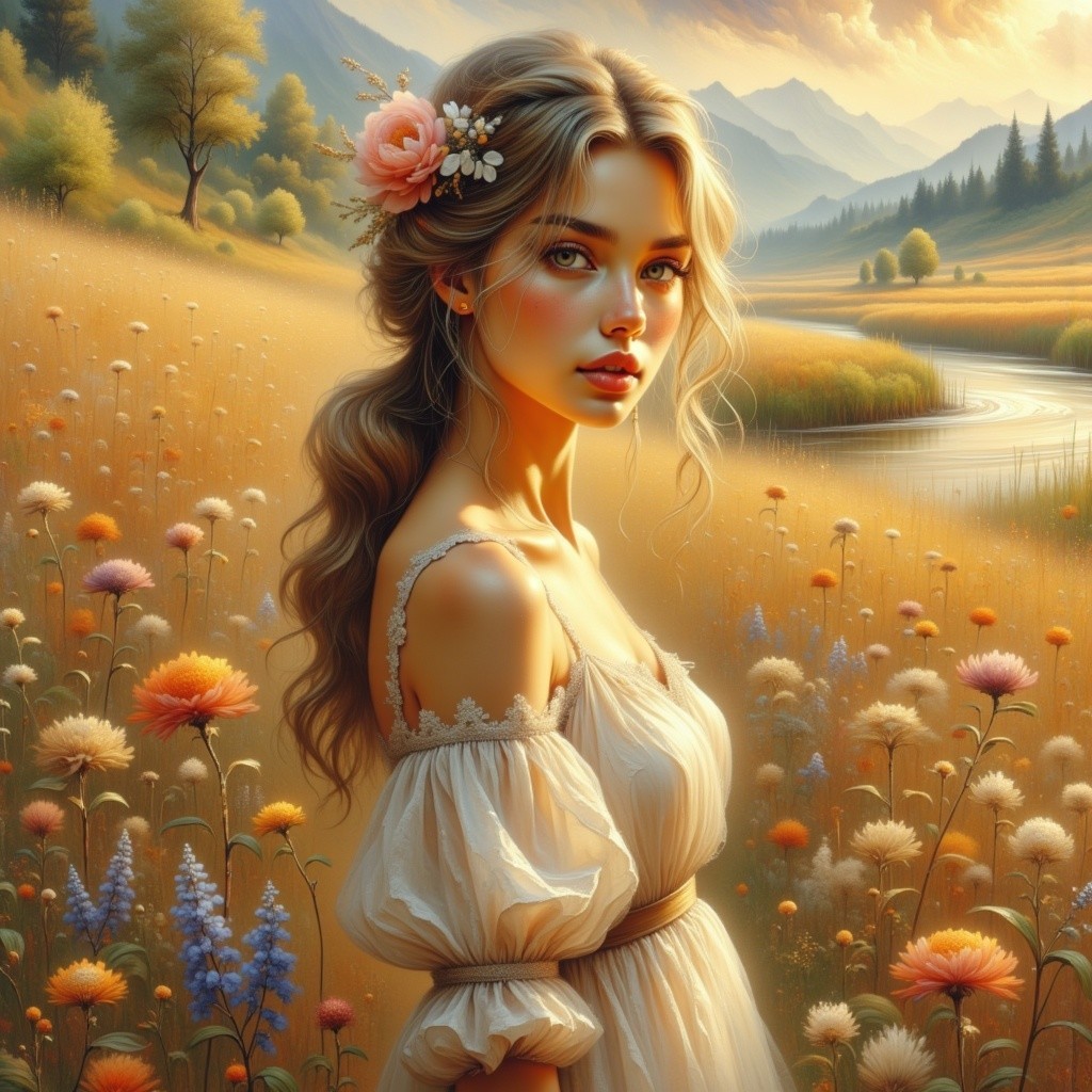 Serene landscape with a young woman in a white dress