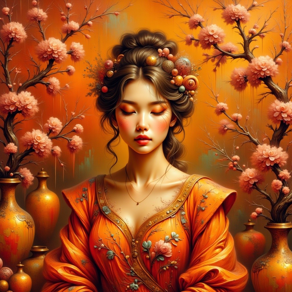 Serene Woman in Orange Gown with Cherry Blossoms