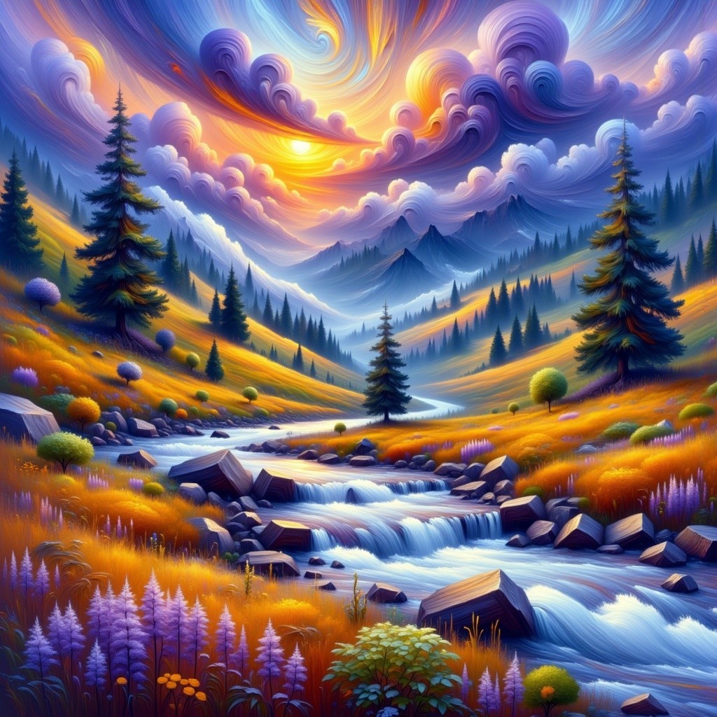 Vibrant Landscape with Stream, Wildflowers, and Mountains