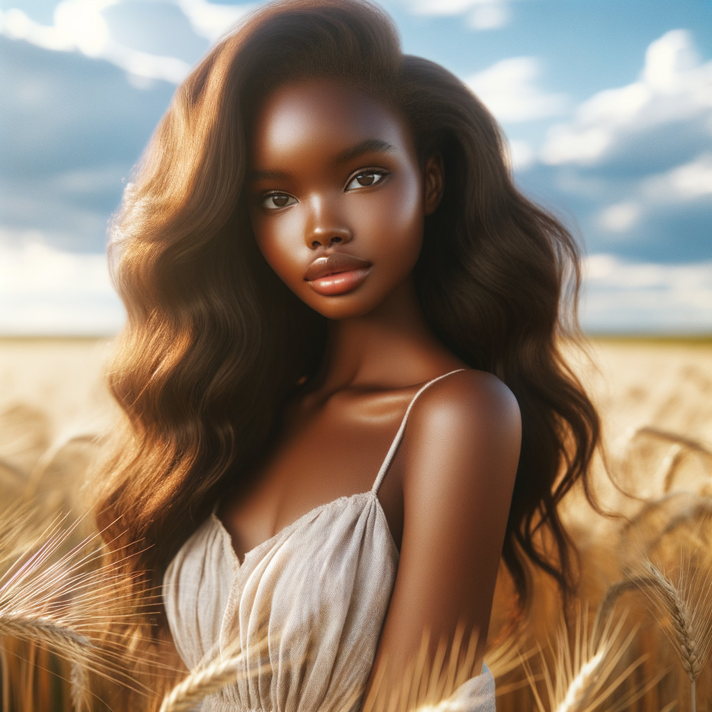 Young Woman in Wheat Field Under Blue Sky