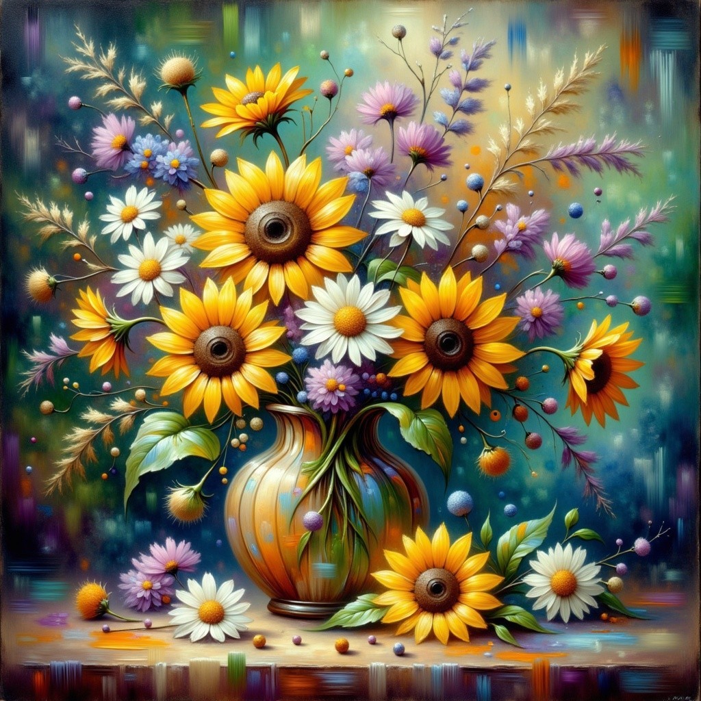 Vibrant bouquet of sunflowers, daisies, and lavender