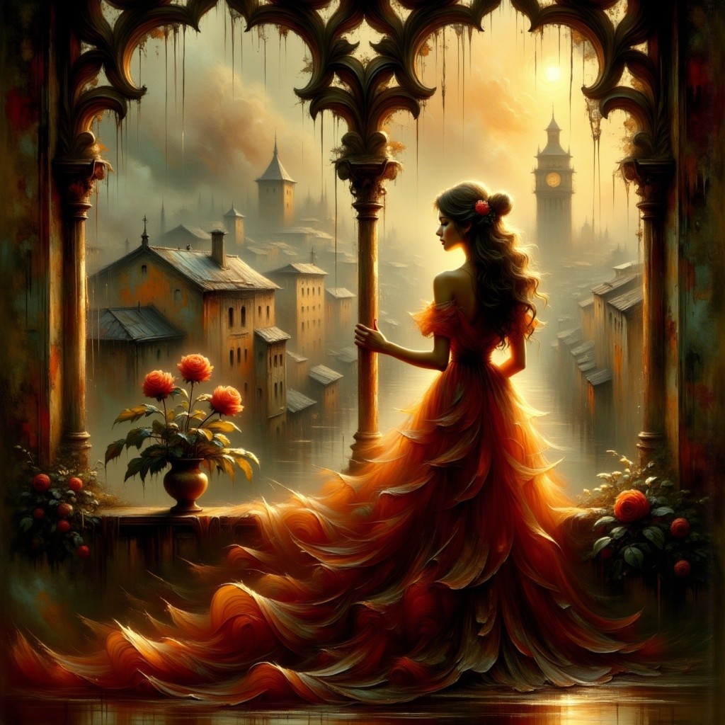 Woman in Red Gown by Ornate Archway at Sunset