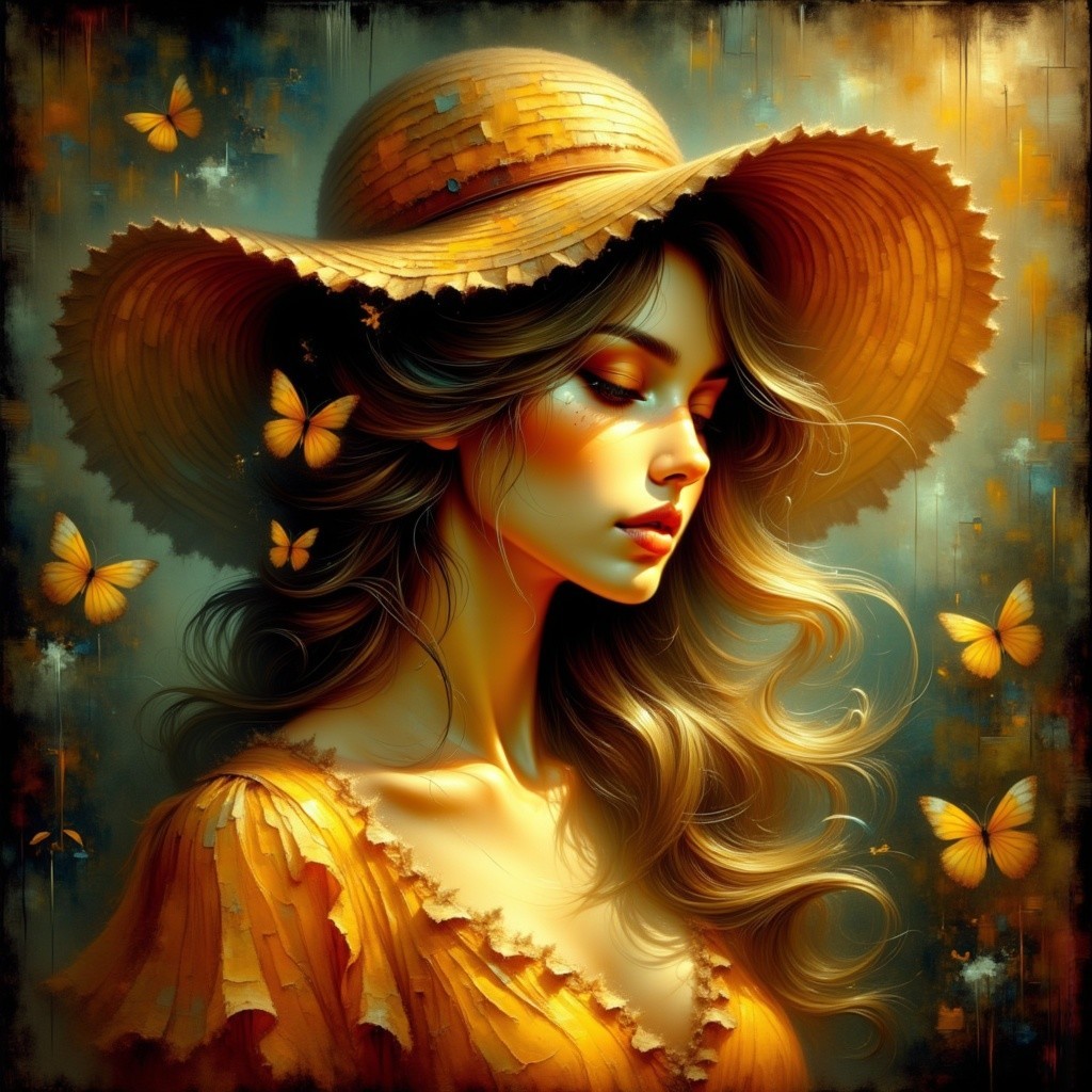 Young woman in yellow dress with butterflies and hat