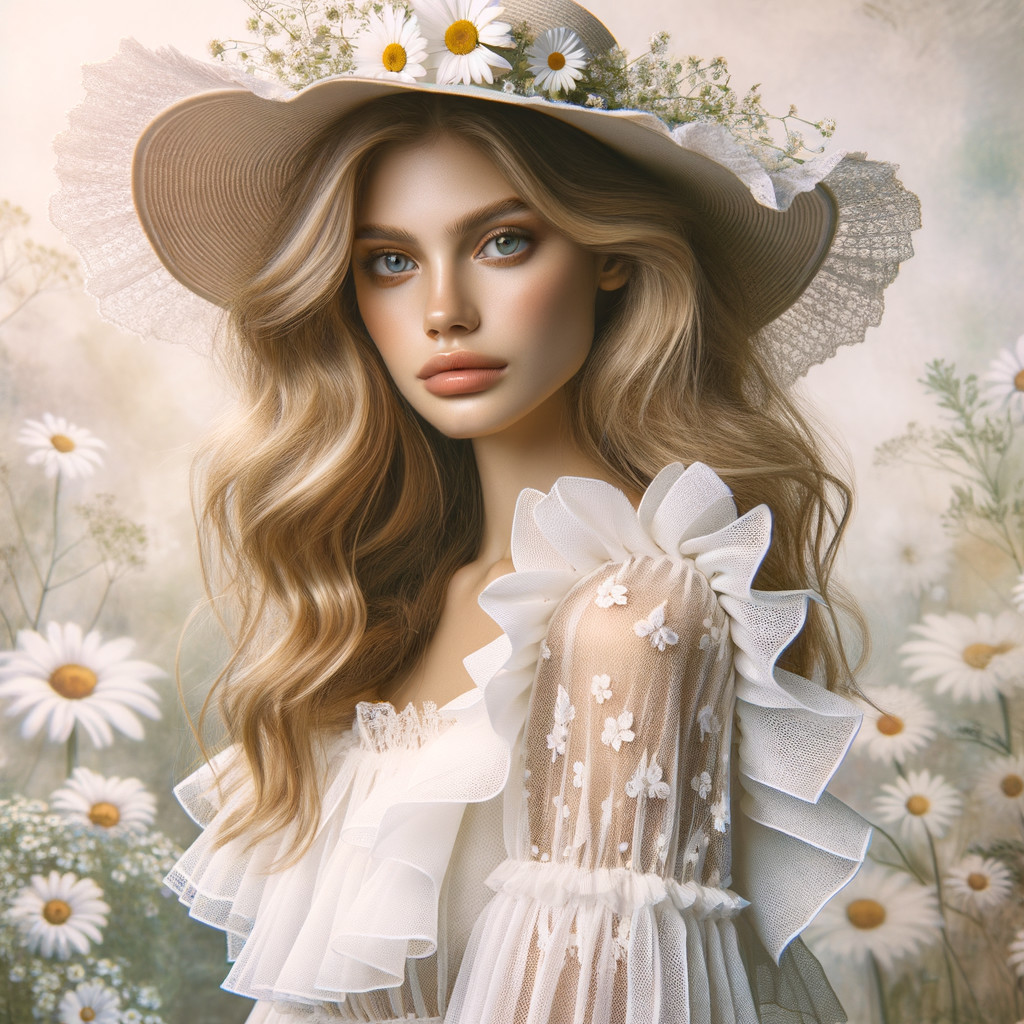 Young woman in ethereal dress with floral background