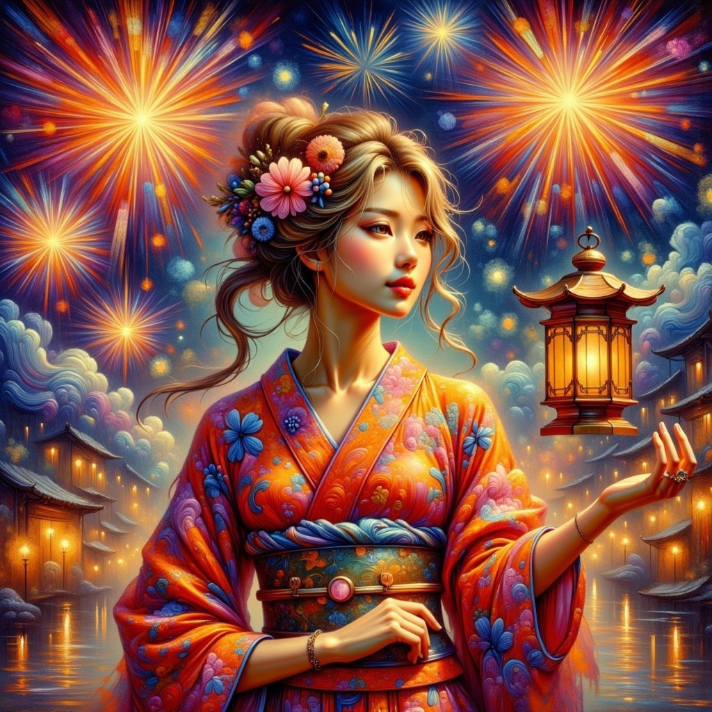 Young Woman in Kimono with Lantern Under Fireworks