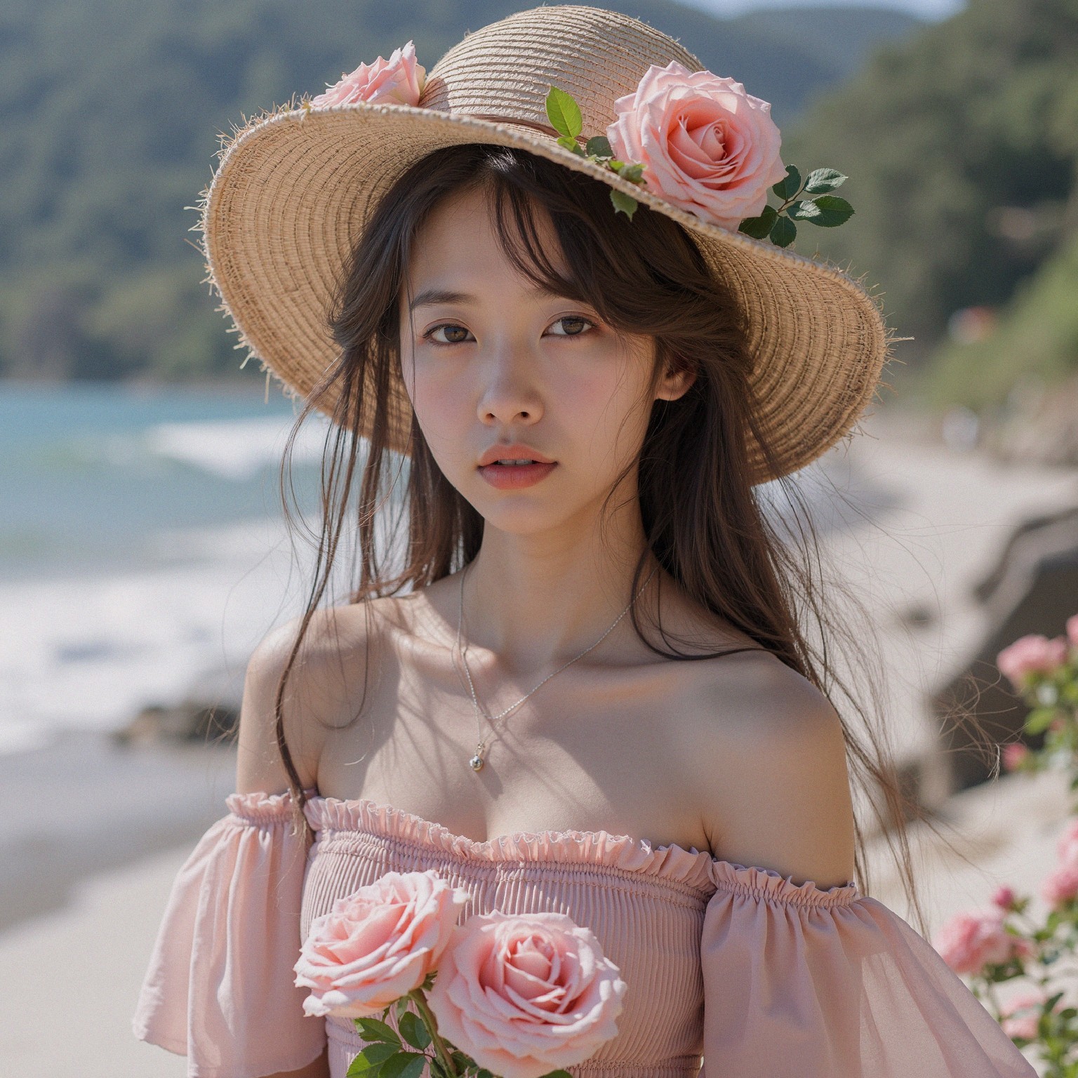 Young woman in straw hat with roses on beach