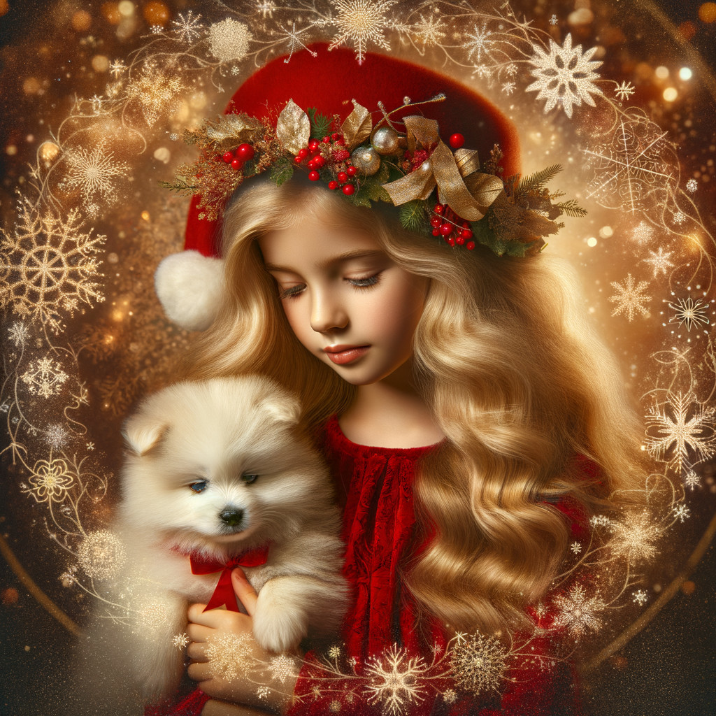 Young girl in festive dress with puppy in a magical setting