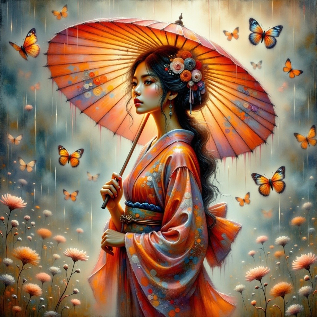 Serene Woman with Orange Parasol in Floral Setting