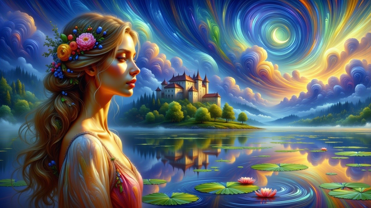 Serene Woman by Tranquil Lake with Castle Reflection
