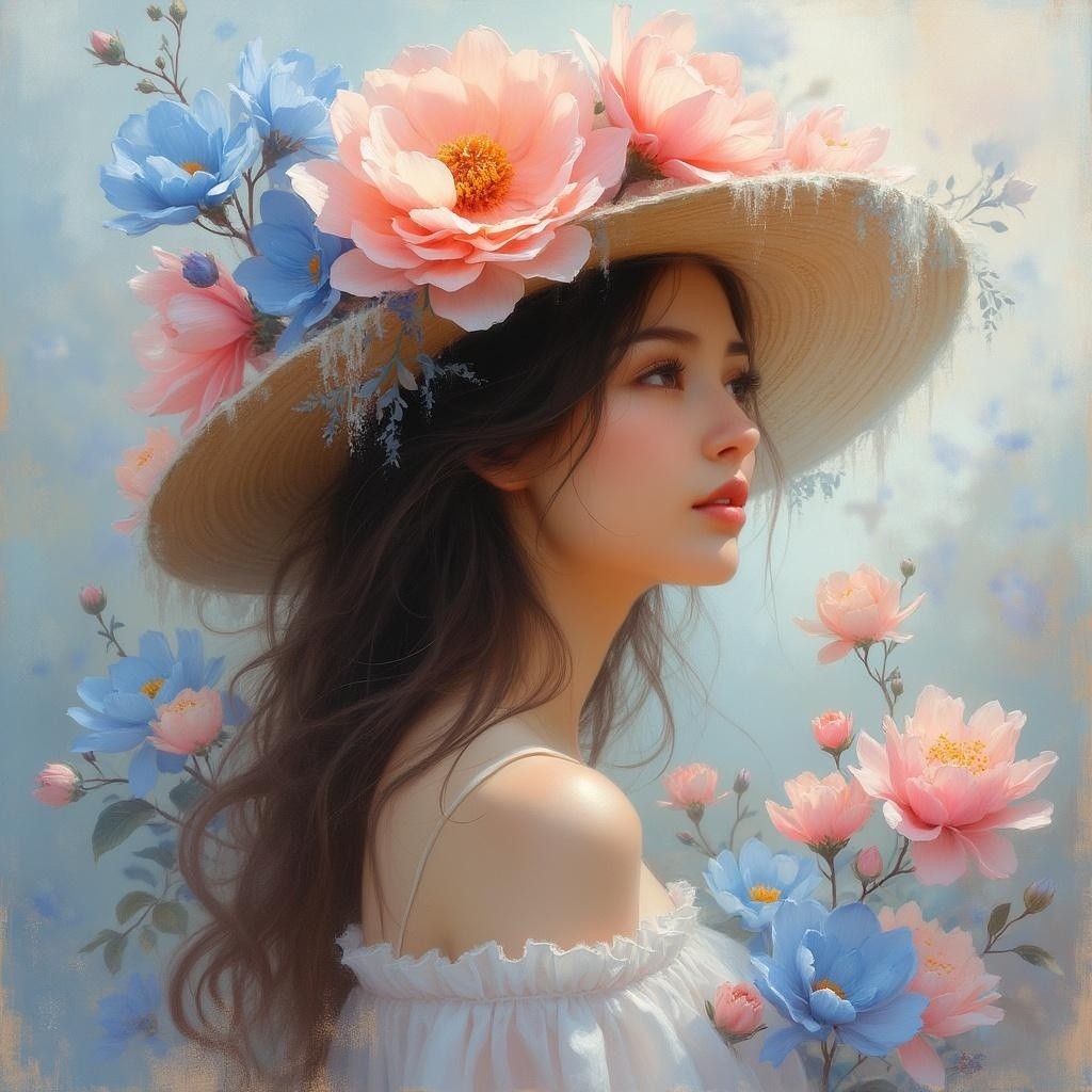 Young woman in straw hat with floral accents
