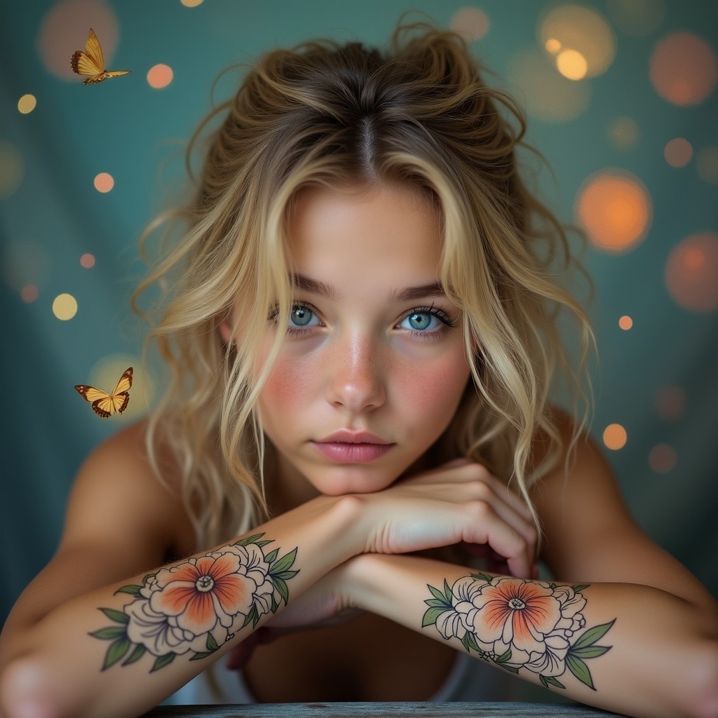 Young woman with floral tattoos and dreamy background