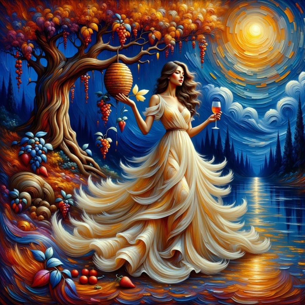 Woman in Golden Gown by Serene Lake in Autumn