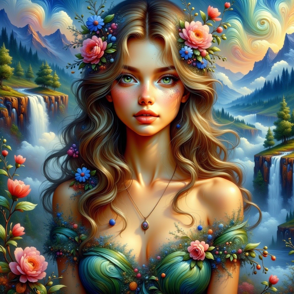Serene Woman in Floral Dress Amidst Lush Landscape