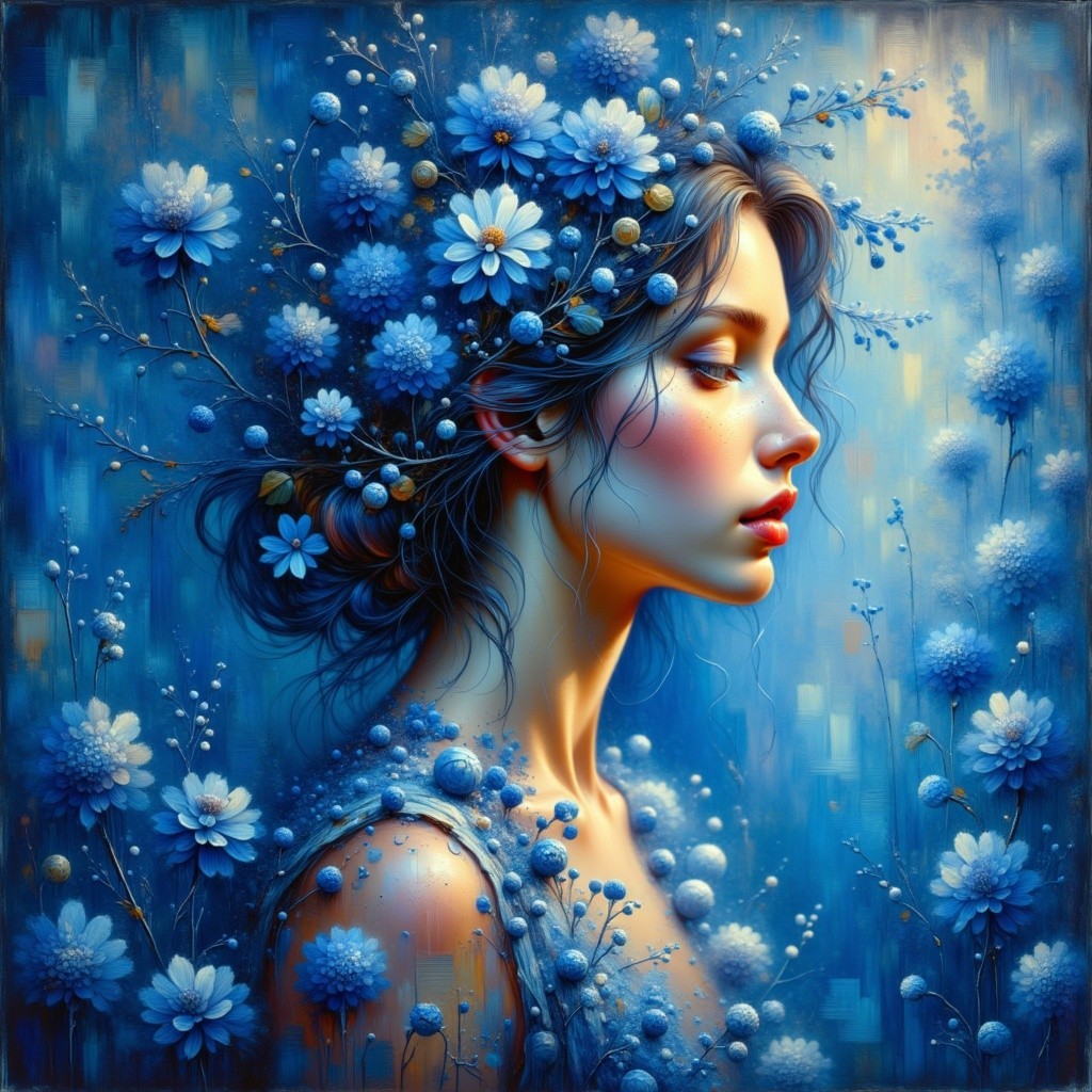 Portrait of a woman with blue flower crown and serene background