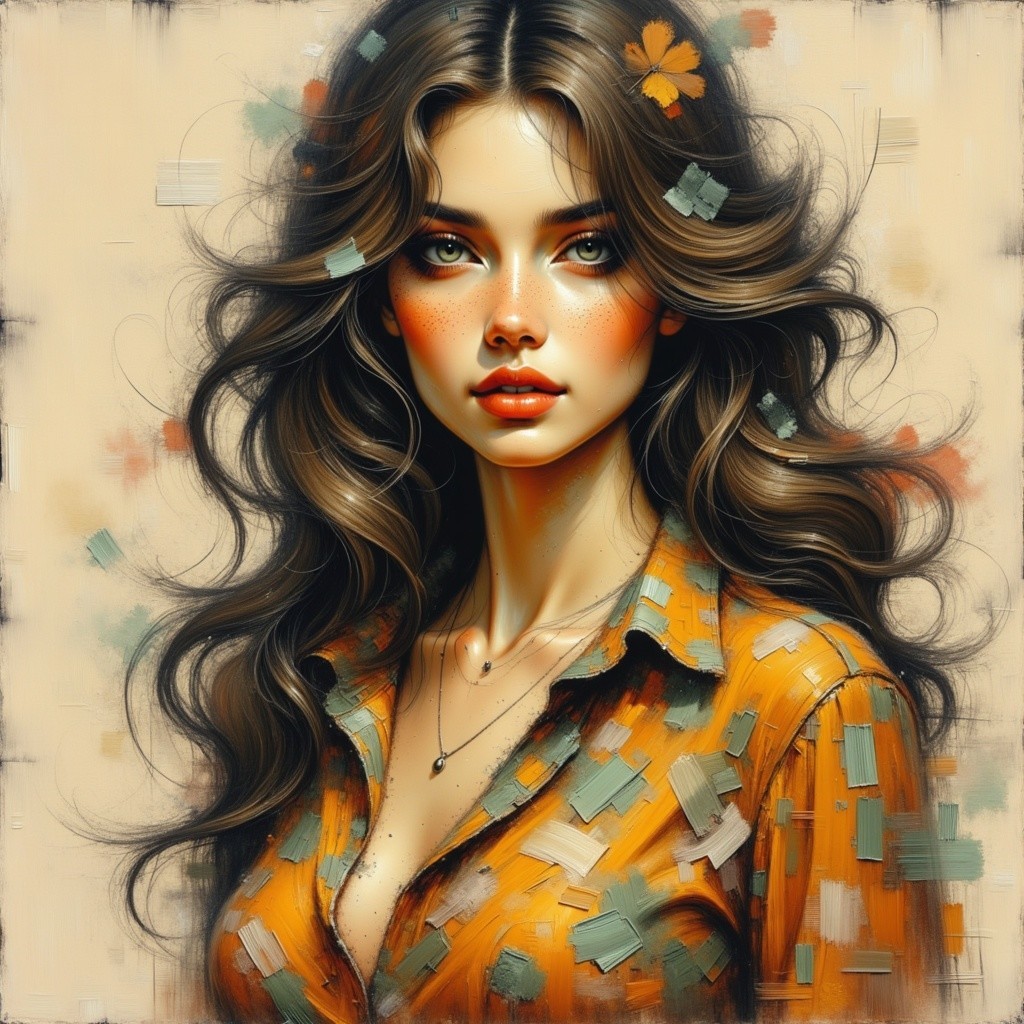 Young woman with wavy hair in vibrant orange shirt