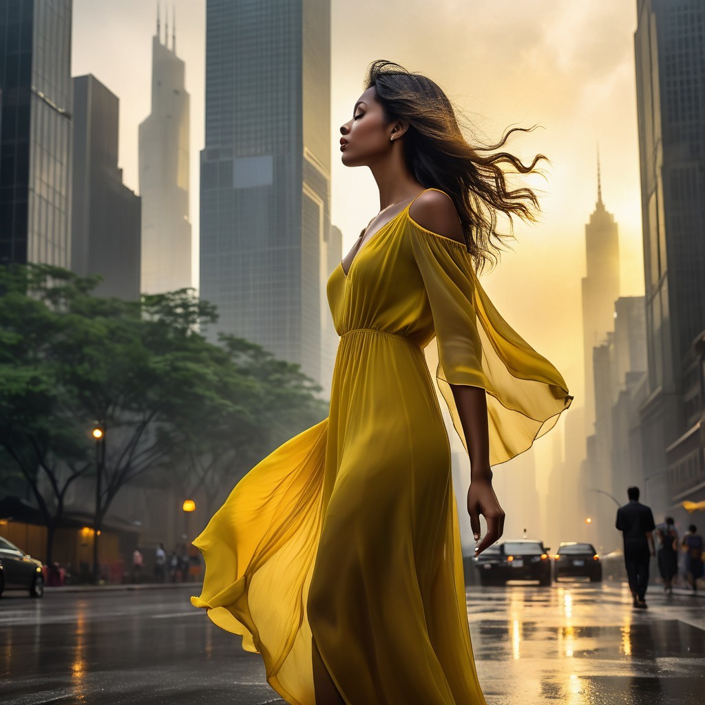 Woman in Yellow Dress on City Street at Dawn
