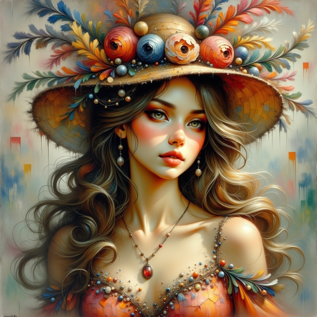Young Woman in Floral Hat with Elegant Outfit