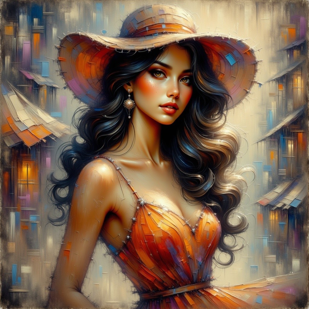 Portrait of a Woman in a Colorful Wide-Brimmed Hat