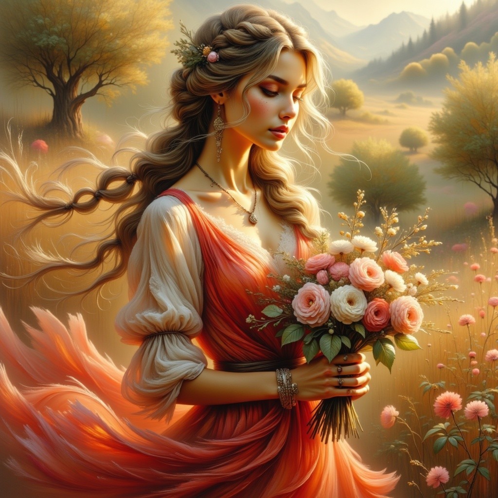 Woman in Orange Dress in Sunlit Flower Meadow