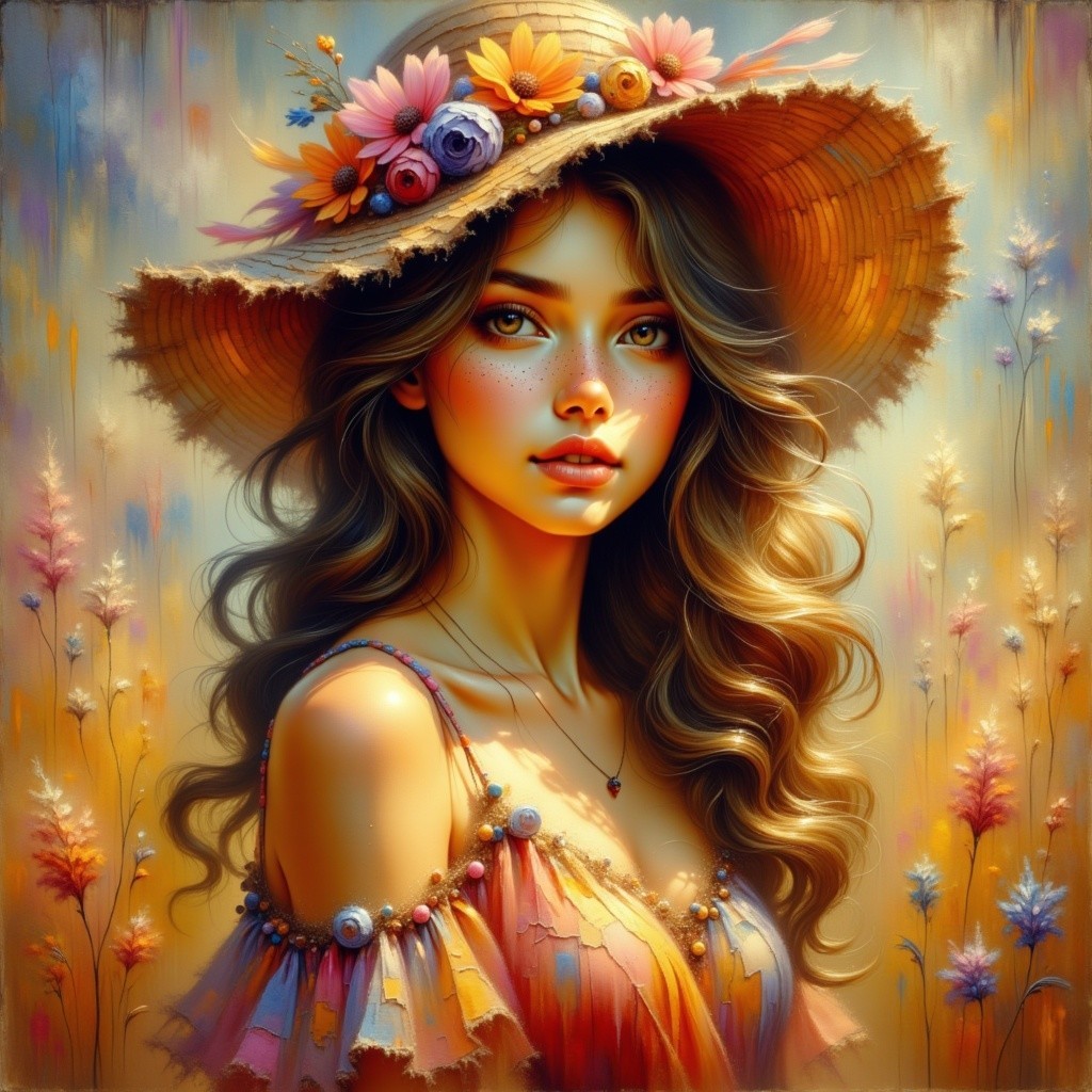 Young woman in vibrant dress and floral straw hat