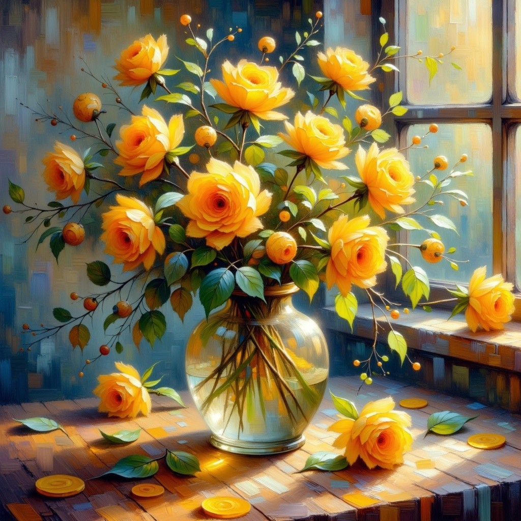 Yellow Roses in Glass Vase on Wooden Table