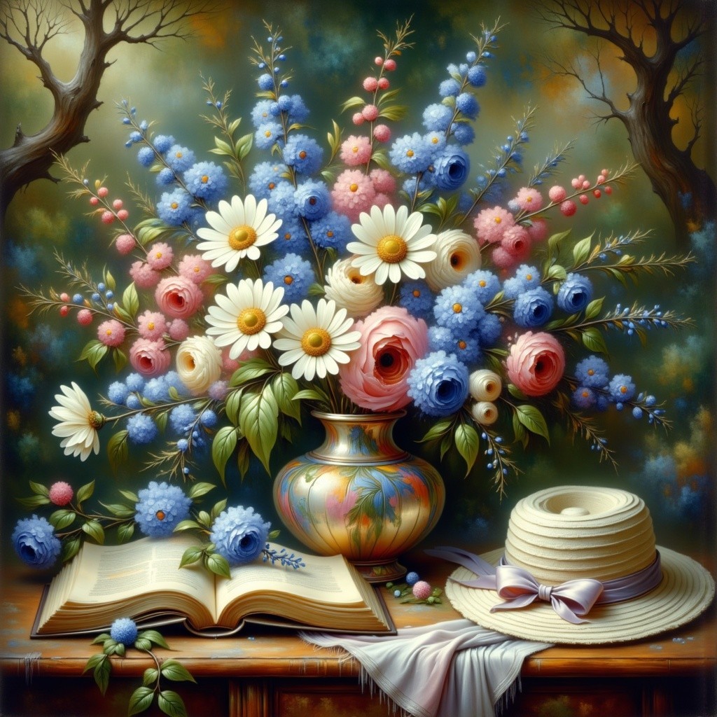 Vibrant Floral Arrangement with Book and Straw Hat
