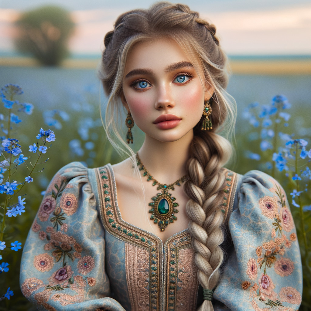Young Woman in Floral Dress Among Blue Flowers