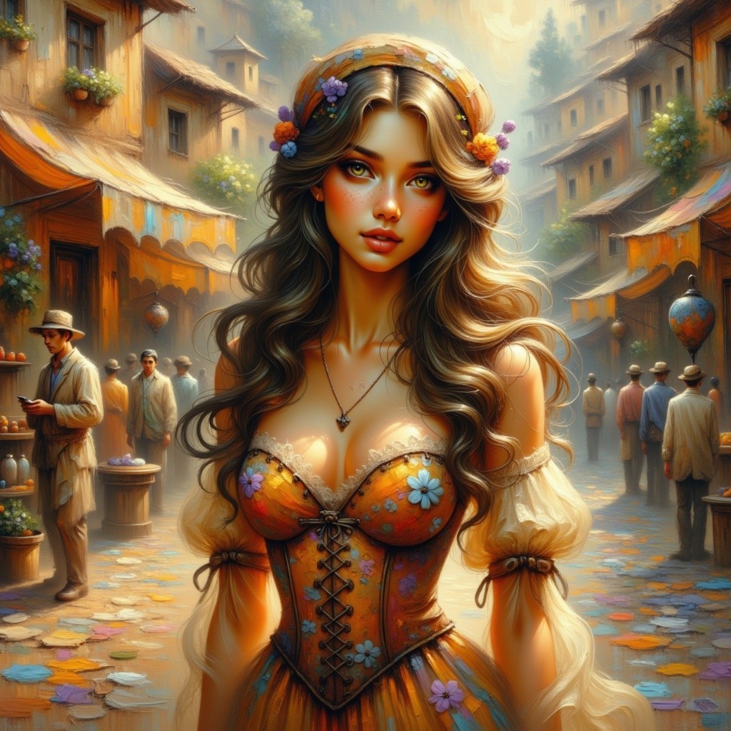 Vibrant Marketplace Scene with Young Woman in Corset