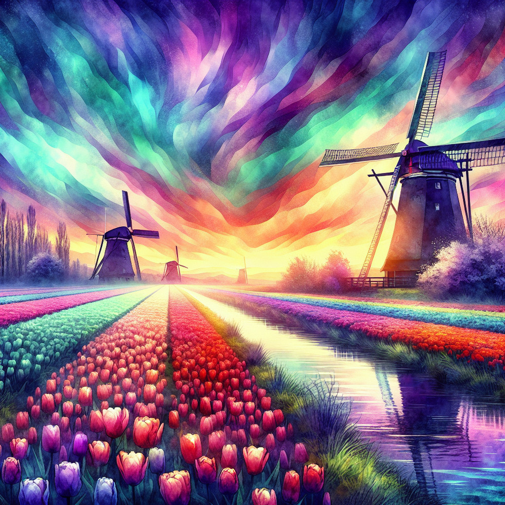 Vibrant Tulip Fields and Traditional Windmills Landscape