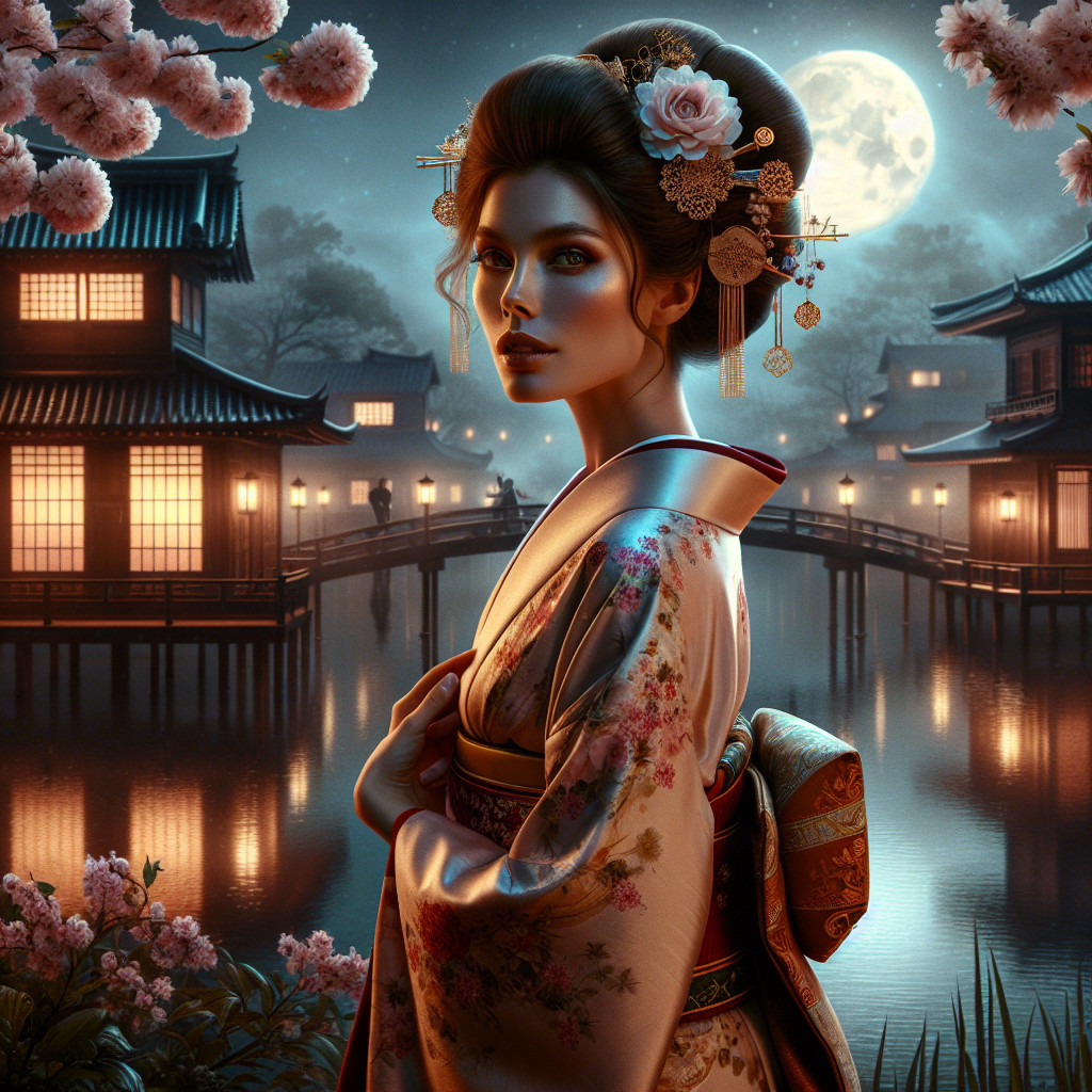 Moonlit Scene of Woman in Kimono by Serene Pond