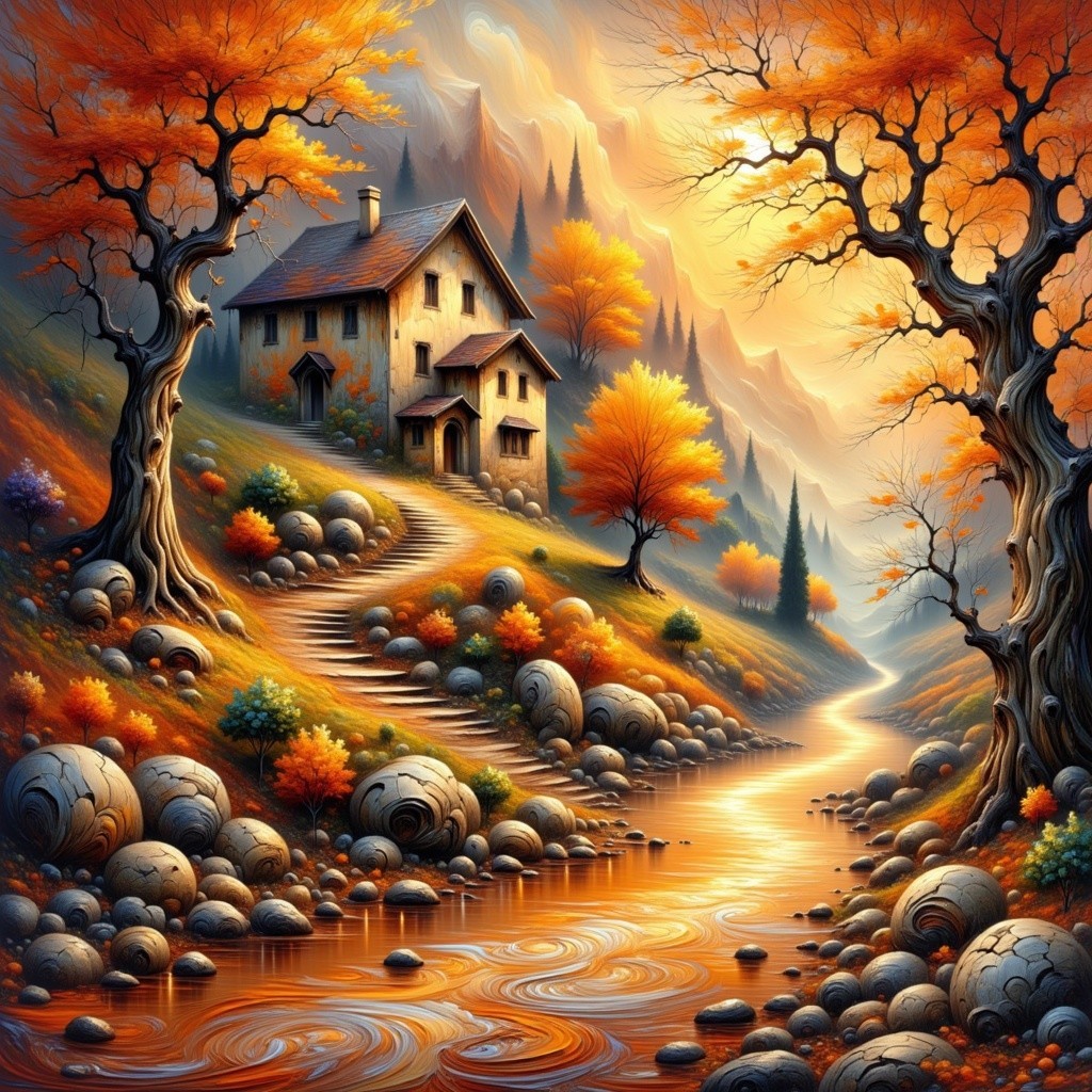 Cozy House in Vibrant Autumn Landscape with Mountains