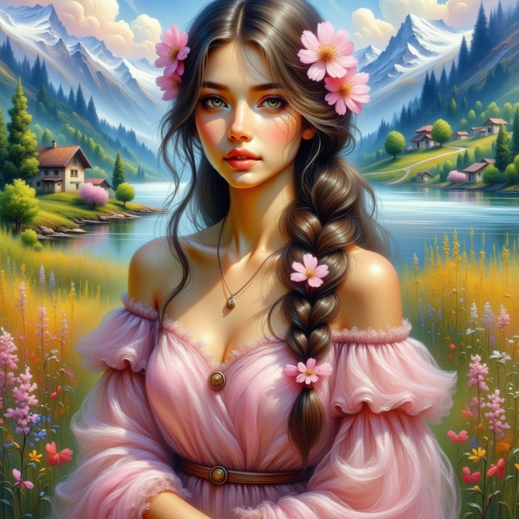 Young Woman in Pink Dress by Scenic Lake and Mountains