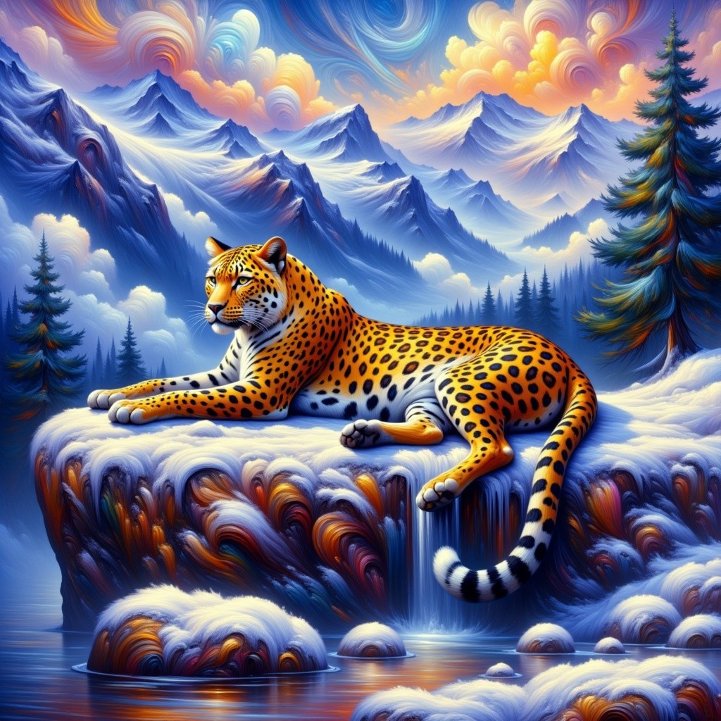 Leopard on Snowy Ledge in Mountain Landscape
