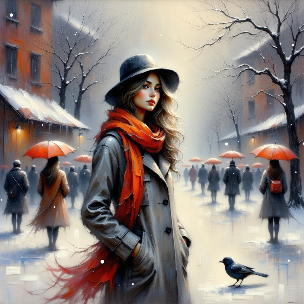 Stylish Woman in Snowy Urban Scene with Umbrellas