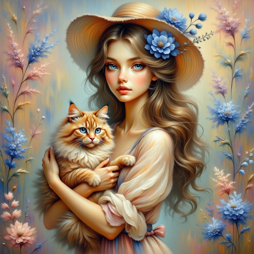 Young woman with cat in floral hat and pastel background