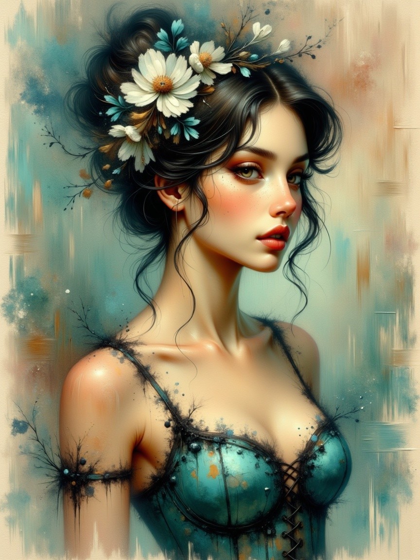 Young woman in blue corset with daisies and turquoise backdrop