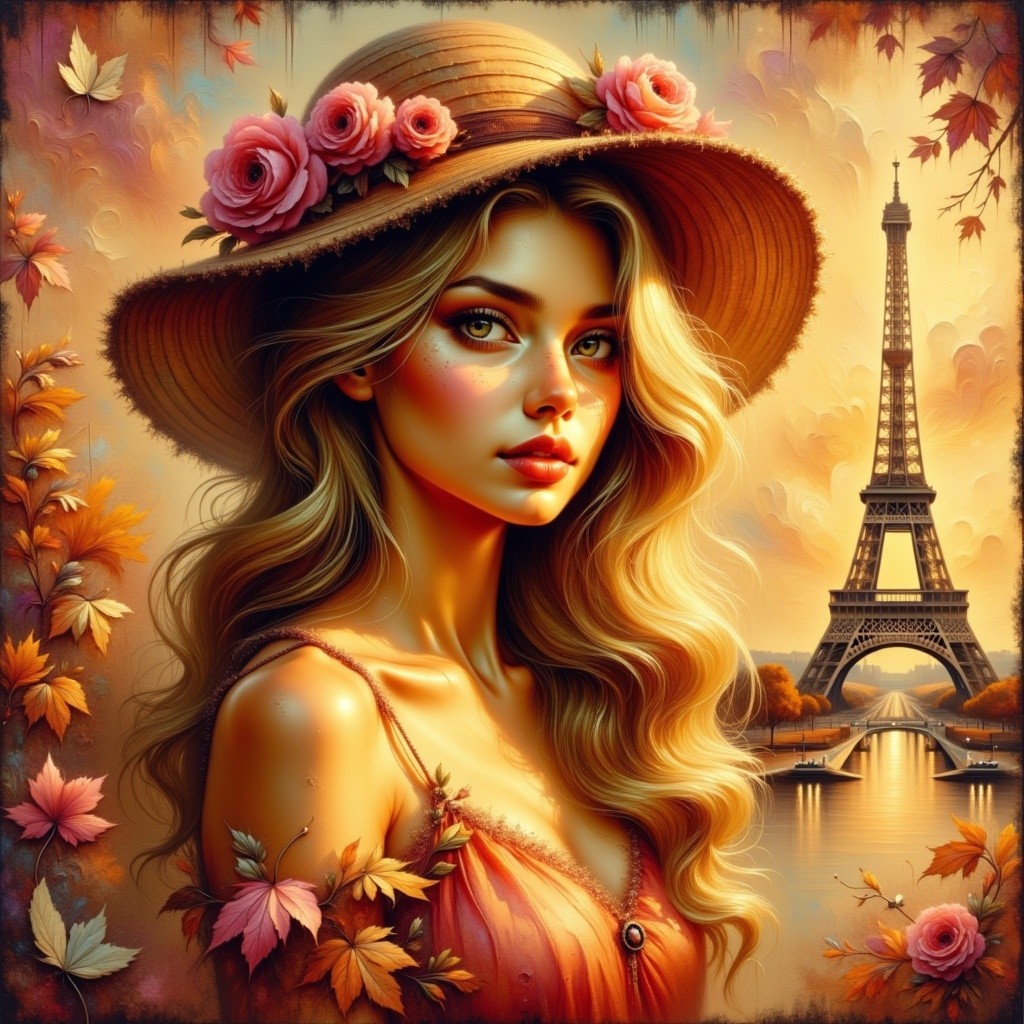 Young woman with roses and Eiffel Tower at sunset