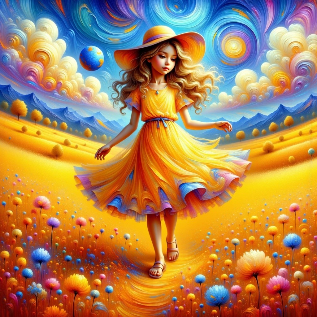 Young girl in yellow dress in colorful landscape