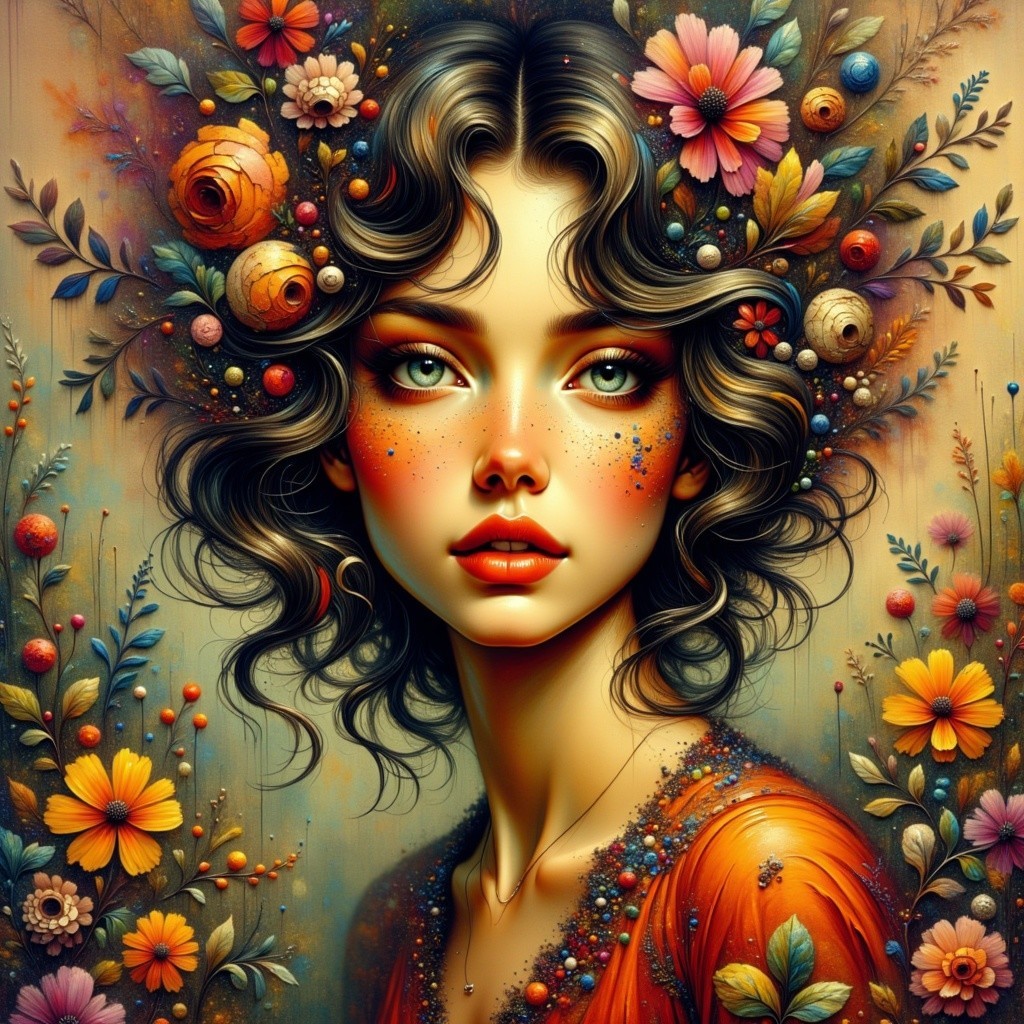 Young woman with colorful flowers and orange dress