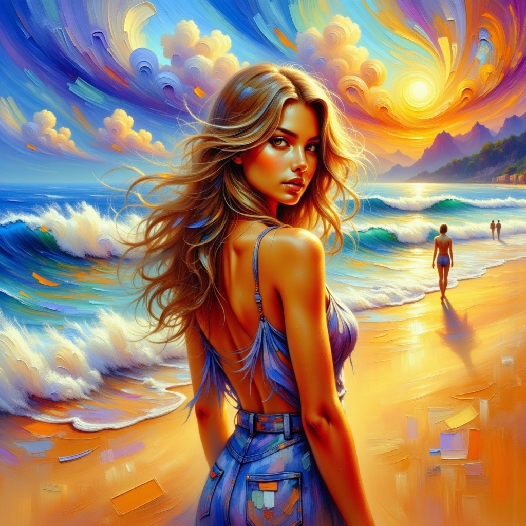 Young Woman on Sunlit Beach with Flowing Hair
