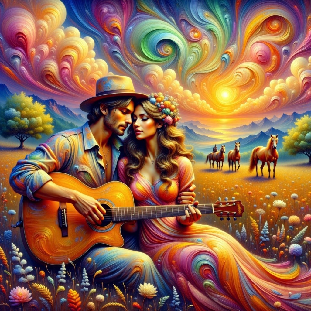 Couple in Vibrant Landscape with Guitar and Sunset
