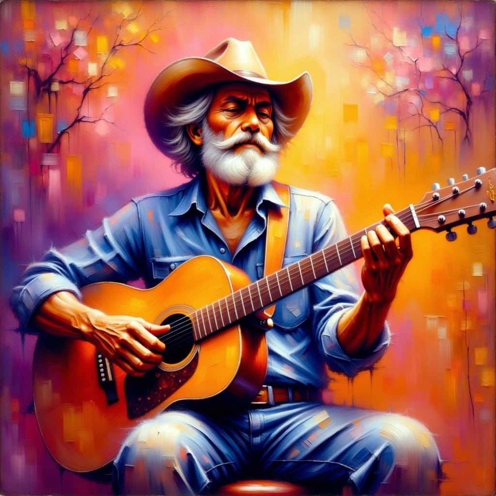 Mature Man Playing Acoustic Guitar in Rustic Setting