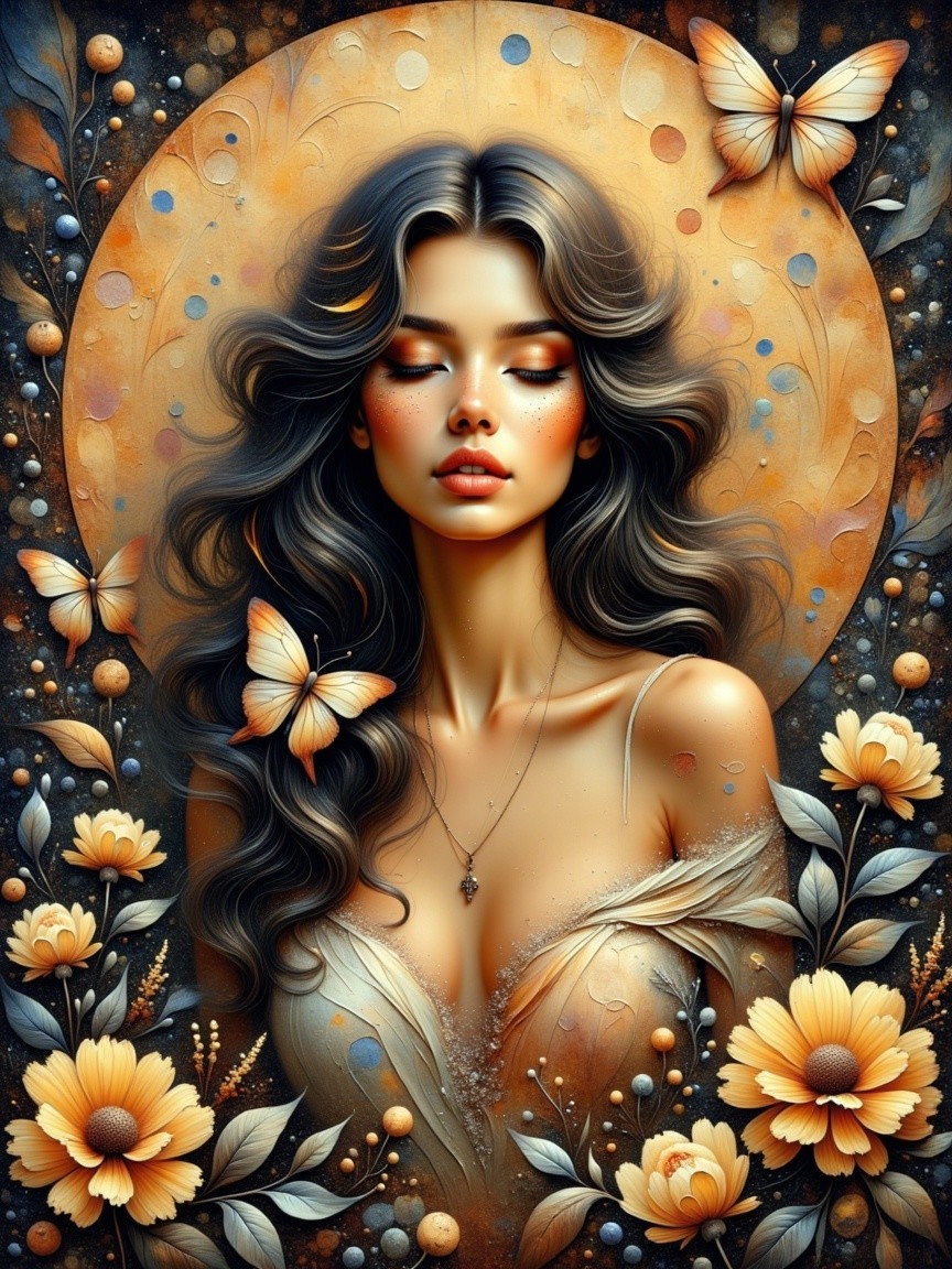 Serene Woman with Butterflies and Yellow Flowers