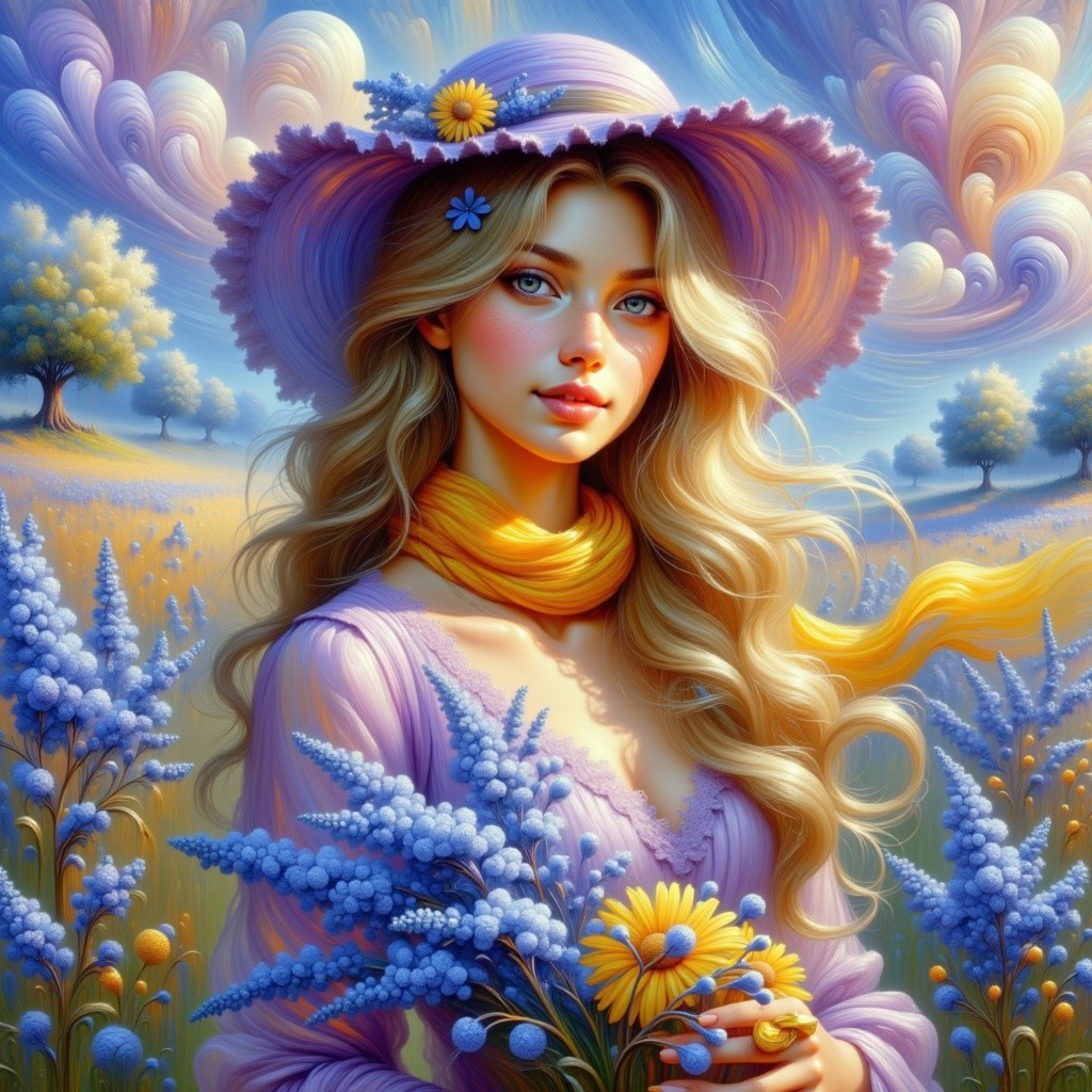 Young woman in a flower-filled field with clouds
