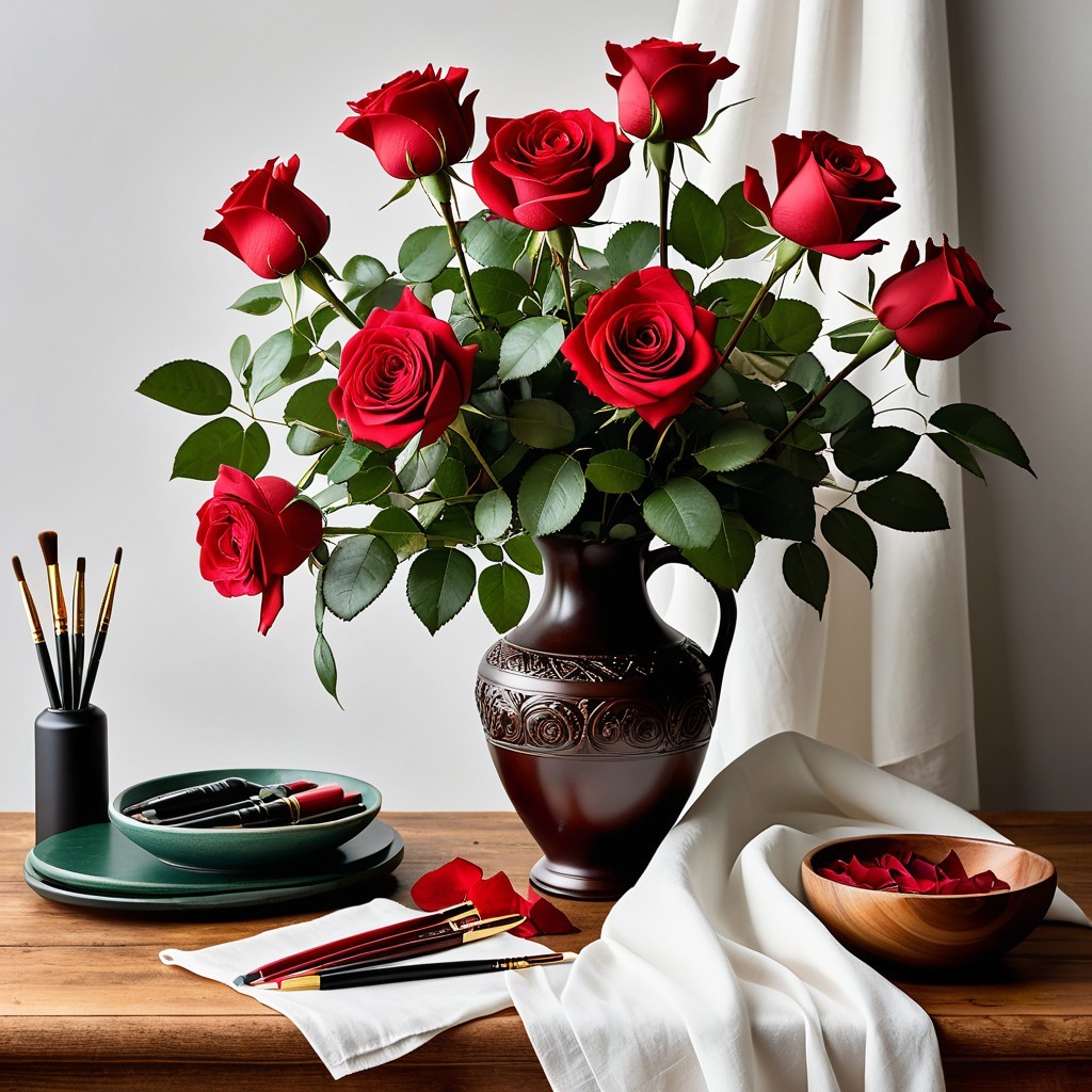 Vibrant Red Roses in Elegant Dark Vase Arrangement